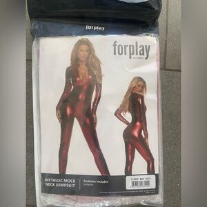 Forplay Metallic Mock Neck Jumpsuit - Shiny Cherry Red